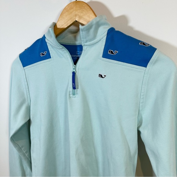 Vineyard Vines Quarter Zip Sweatshirt Large 14 Blue Mint Whales 100% Cotton - Picture 2 of 9